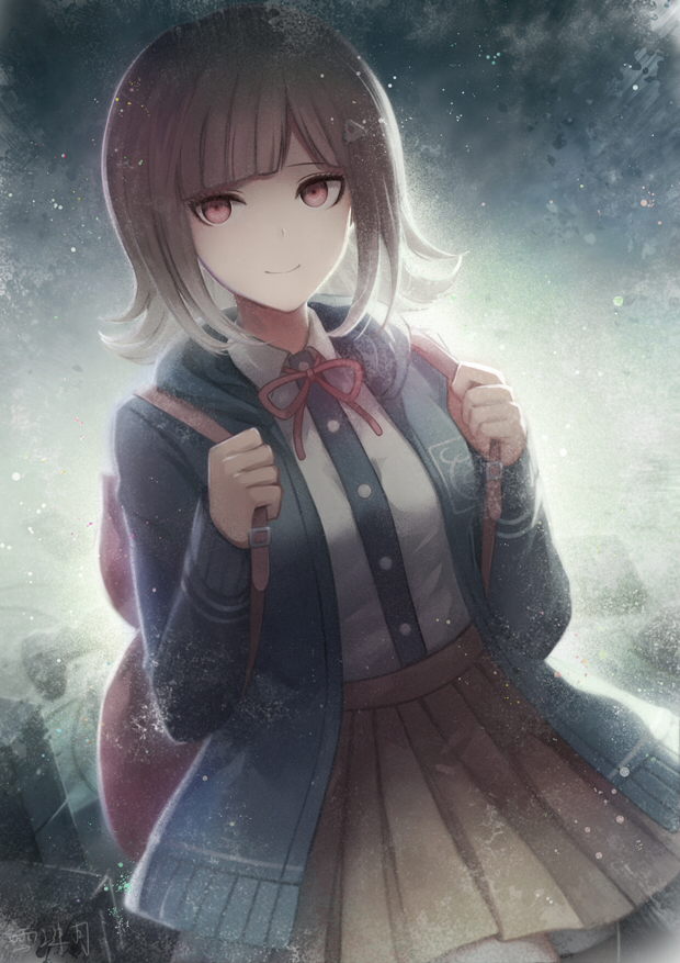 1girl angel31424 backpack bag black_sweater brown_hair brown_skirt cowboy_shot dangan_ronpa dutch_angle hood hooded_sweater looking_at_viewer miniskirt nanami_chiaki neck_ribbon pleated_skirt red_eyes red_ribbon ribbon shirt signature skirt smile solo standing super_dangan_ronpa_2 sweater white_shirt