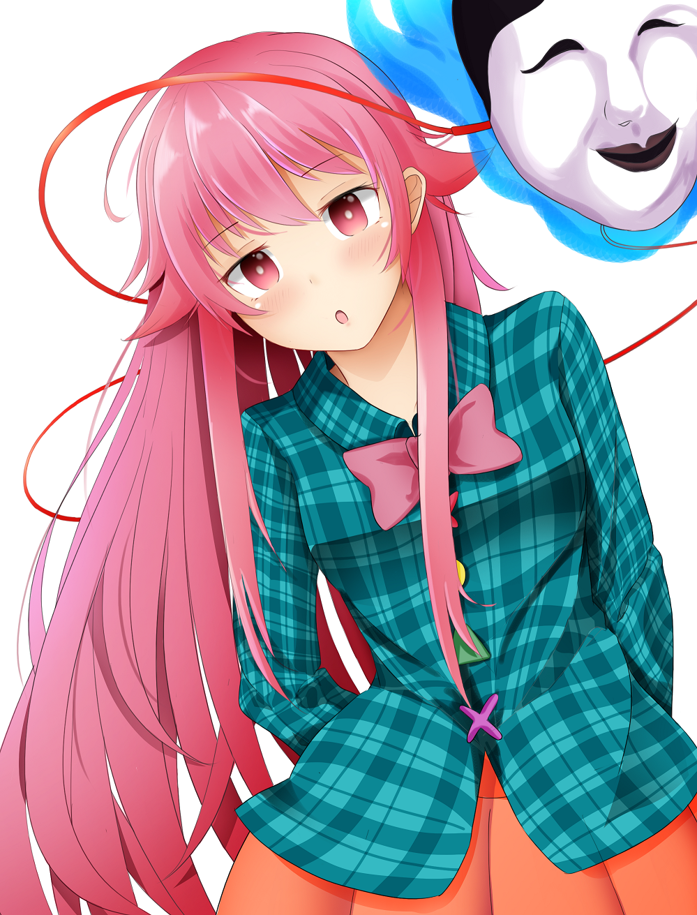 1girl arms_behind_back blush bow collared_shirt eyebrows_visible_through_hair hata_no_kokoro highres leaning_to_the_side long_hair mask open_mouth pink_bow pink_eyes pink_hair plaid plaid_shirt shirt touhou unlock-creed very_long_hair white_background wing_collar