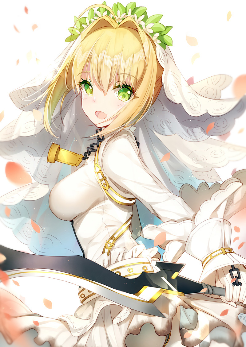 1girl :d aestus_estus ahoge bangs bison_cangshu blonde_hair blush bodysuit breasts bridal_veil chains commentary_request eyebrows_visible_through_hair fate/extra fate/extra_ccc fate_(series) from_side gloves green_eyes hair_between_eyes hair_intakes holding holding_sword holding_weapon lock looking_at_viewer medium_breasts open_mouth petals revision saber_bride saber_extra short_hair_with_long_locks sidelocks skirt smile solo sword veil weapon white_gloves white_skirt