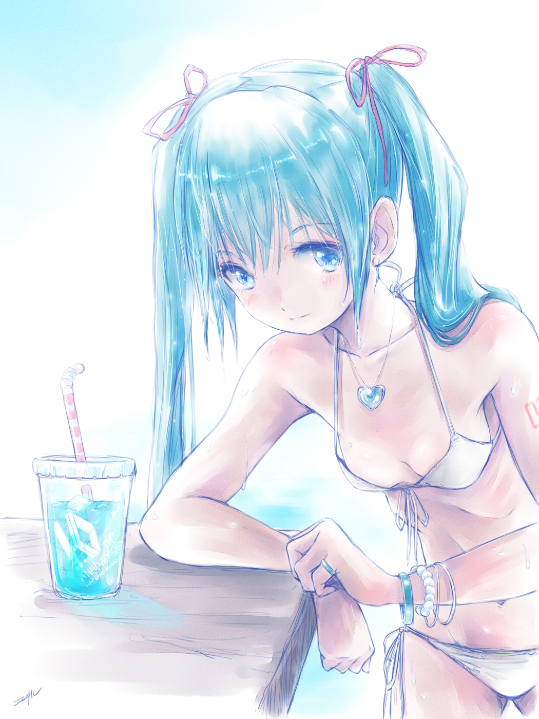 1girl aqua_eyes aqua_hair artist_name bikini bracelet breasts drink drinking_straw earrings front-tie_top hatsune_miku highres jewelry kowiru long_hair looking_at_viewer necklace ribs ring side-tie_bikini small_breasts solo swimsuit twintails vocaloid white_bikini