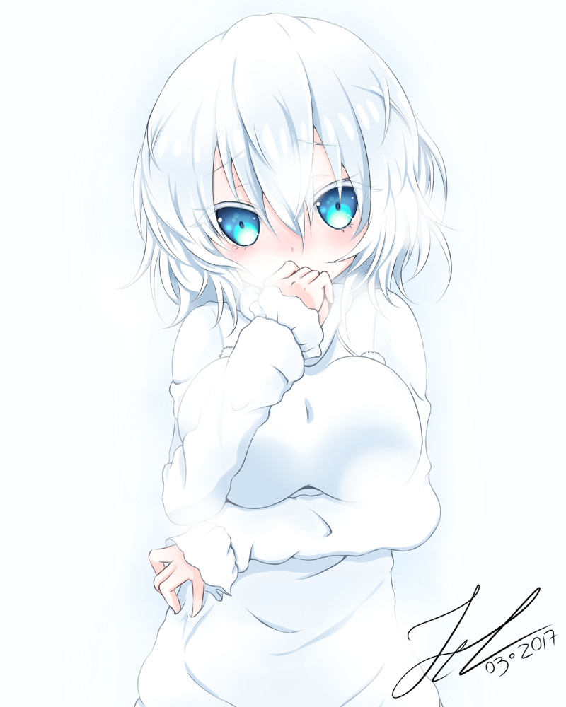 1girl blue_eyes blush breasts character_request copyright_request covering_mouth dated eyebrows_visible_through_hair hand_over_own_mouth large_breasts long_sleeves looking_at_viewer scarlet_zel short_hair signature sleeves_past_wrists solo white_hair