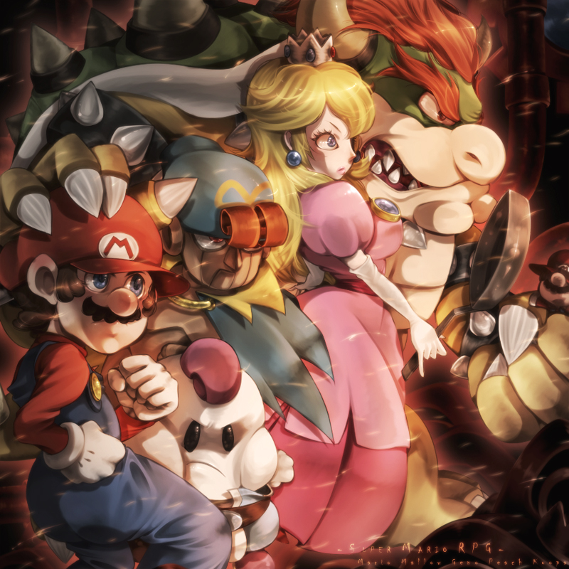 &gt;:/ 1girl 4boys :/ blonde_hair blue_eyes bowser brown_hair character_name claws clenched_hands closed_mouth copyright_name crown dress earrings facial_hair famiri fighting_stance from_side frying_pan geno_(mario) hand_on_another's_head hat holding horns jewelry long_hair long_sleeves looking_afar mallow_(mario) mario super_mario_bros. multiple_boys mustache nintendo overalls pink_dress princess_peach puffy_short_sleeves puffy_sleeves puppet red_eyes serious sharp_teeth short_hair short_sleeves spikes super_mario_bros. super_mario_rpg teeth