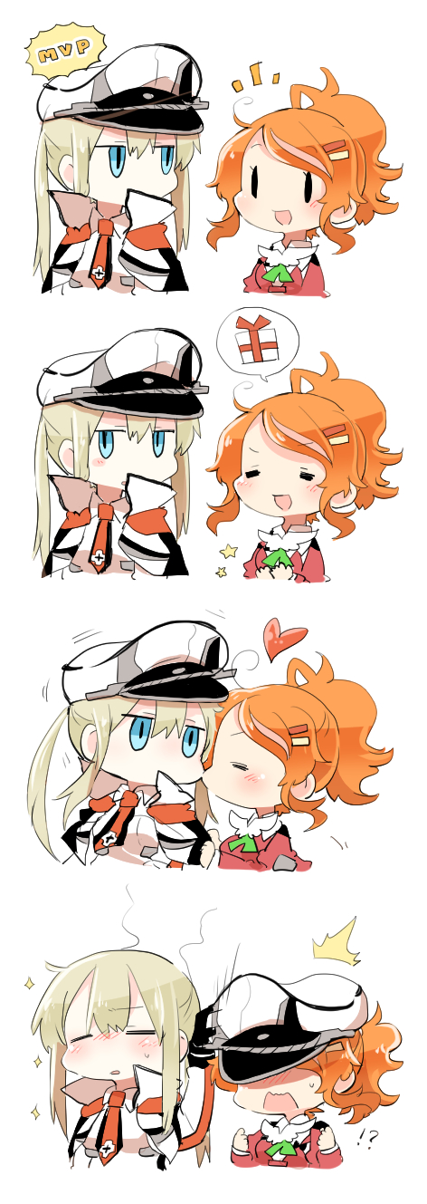 2girls aquila_(kantai_collection) blonde_hair blue_eyes graf_zeppelin_(kantai_collection) high_ponytail highres kantai_collection long_hair multiple_girls orange_hair rebecca_(keinelove) short_hair sidelocks twintails