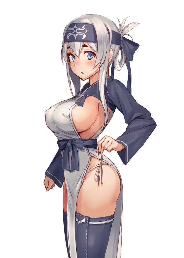 10s 1girl ainu_clothes bandanna black_legwear blue_eyes breasts cowboy_shot cropped_jacket folded_ponytail fumikiri headband kamoi_(kantai_collection) kantai_collection large_breasts long_hair long_sleeves looking_at_viewer panties side-tie_panties sideboob sidelocks simple_background solo thick_eyebrows thigh-highs underwear white_background white_hair wrist_guards