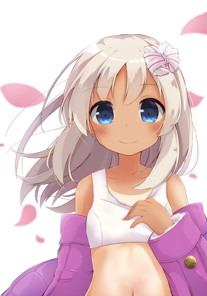 1girl arm_at_side blue_eyes bow closed_mouth collarbone commentary_request eyebrows_visible_through_hair hair_bow hand_on_own_chest jacket kantai_collection long_hair looking_at_viewer navel off_shoulder one-piece_tan open_clothes open_jacket petals pink_jacket ro-500_(kantai_collection) smile solar_milk solo striped striped_bow swimsuit tan tankini tanline upper_body white_background white_hair wind