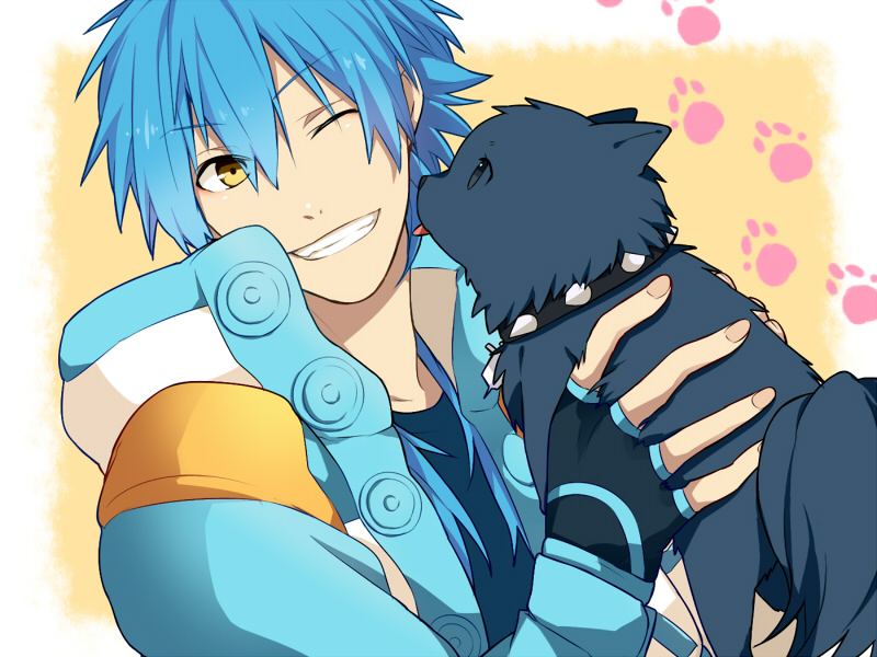 &gt;;) 1boy blue_hair clenched_teeth dog dog_paws dramatical_murder eyebrows eyebrows_visible_through_hair hair_between_eyes hiiroichi holding jacket licking long_hair long_sleeves looking_at_another male_focus paws ren_(dramatical_murder) seragaki_aoba simple_background smile teeth tongue upper_body yellow_background yellow_eyes
