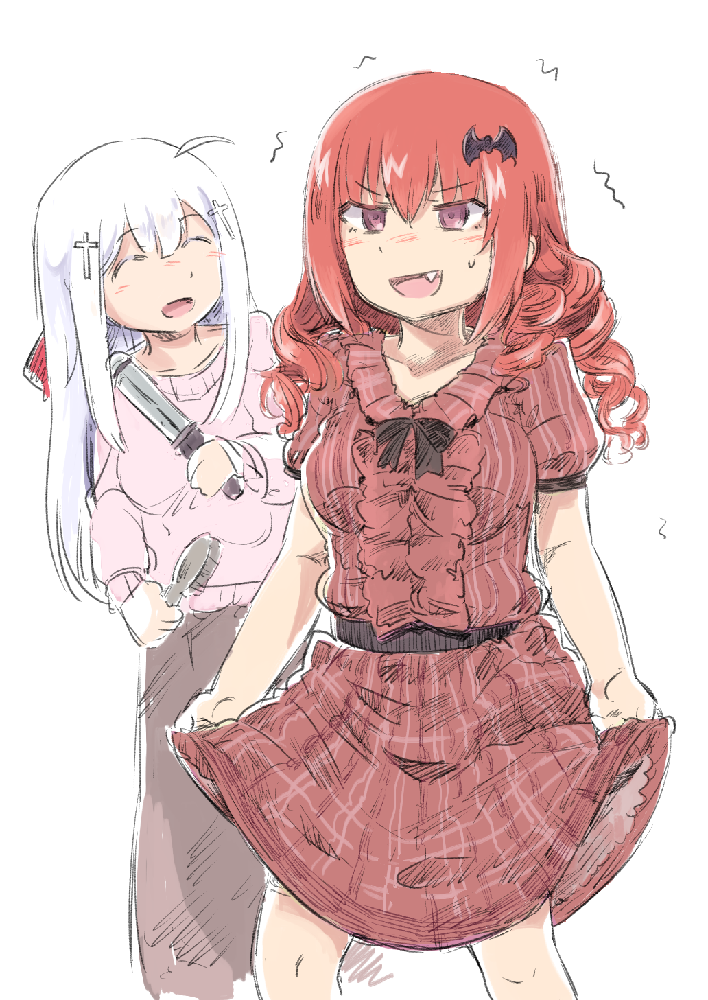 2girls :d ^_^ ahoge alternate_hairstyle bat_hair_ornament blush breasts brown_skirt closed_eyes collarbone comb commentary_request curling_iron curly_hair dress eyebrows_visible_through_hair gabriel_dropout hair_between_eyes hair_ornament highres holding kurumizawa_satanichia_mcdowell large_breasts leaning_to_the_side long_hair long_sleeves multiple_girls nose_blush open_mouth orange_hair pink_dress pink_eyes pink_sweater plaid plaid_dress puffy_short_sleeves puffy_sleeves sekaihebi shiraha_raphiel_ainsworth short_sleeves sketch skirt skirt_hold smile standing sweatdrop sweater trembling white_background white_hair