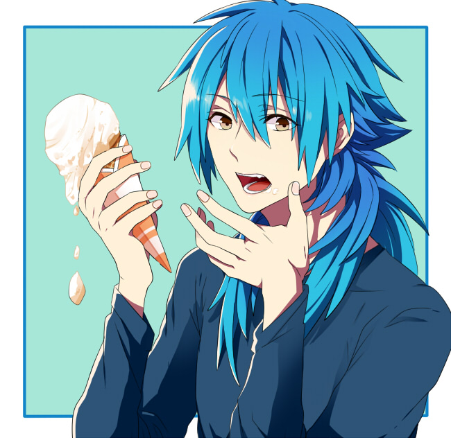 1boy ahoge blue_background blue_hair blue_shirt brown_eyes dramatical_murder eyebrows eyebrows_visible_through_hair fingers food food_on_face frame gradient gradient_hair hair_between_eyes hiiroichi holding ice_cream ice_cream_cone long_hair long_sleeves looking_at_viewer male_focus melting multicolored_hair open_mouth seragaki_aoba shirt solo teeth tongue two_side_up upper_body