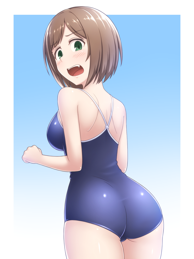 10s 1girl ass blue_background blue_swimsuit brown_hair competition_school_swimsuit from_behind gradient gradient_background green_eyes idolmaster idolmaster_cinderella_girls looking_at_viewer looking_back maekawa_miku open_mouth pataniito school_swimsuit short_hair solo swimsuit