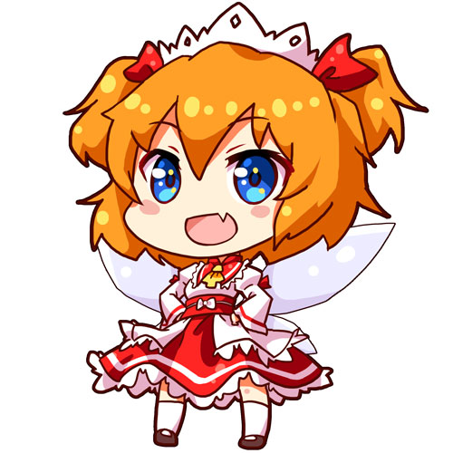 1girl :d bangs black_shoes blue_eyes blush_stickers chibi commentary eyebrows_visible_through_hair fairy_wings fang frilled_shirt_collar frilled_skirt frills full_body hair_between_eyes hairband hands_on_hips loafers long_sleeves looking_at_viewer lowres open_mouth orange_hair red_collar red_skirt renren_(ah_renren) shirt shoes short_hair simple_background skirt smile solo standing sunny_milk touhou two_side_up white_background white_hairband white_legwear white_shirt wings yellow_ascot