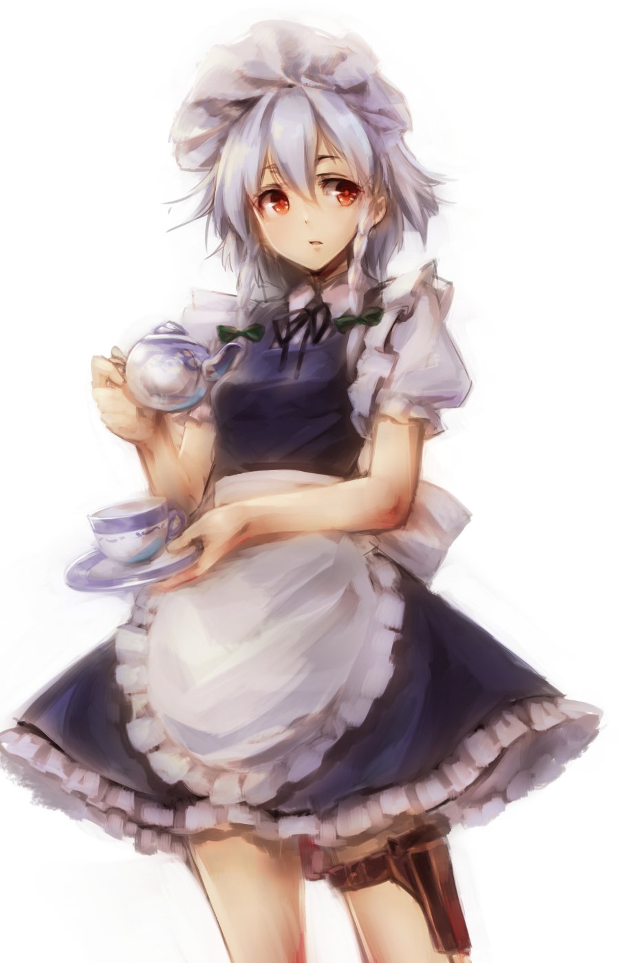 1girl apron black_ribbon bow braid cowboy_shot cup green_bow hair_bow highres holding izayoi_sakuya maid maid_headdress neck_ribbon puffy_short_sleeves puffy_sleeves ribbon saucer short_sleeves side_braid simple_background solo teacup teapot thigh_strap touhou twin_braids usotsuki_penta waist_apron white_apron white_background