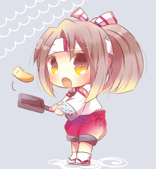 1girl blue_background brown_eyes brown_hair chibi cooking frying_pan full_body hachimaki headband high_ponytail japanese_clothes kantai_collection kouu_hiyoyo light_brown_hair long_hair looking_at_viewer muneate omelet open_mouth ponytail sandals simple_background solo standing zuihou_(kantai_collection)