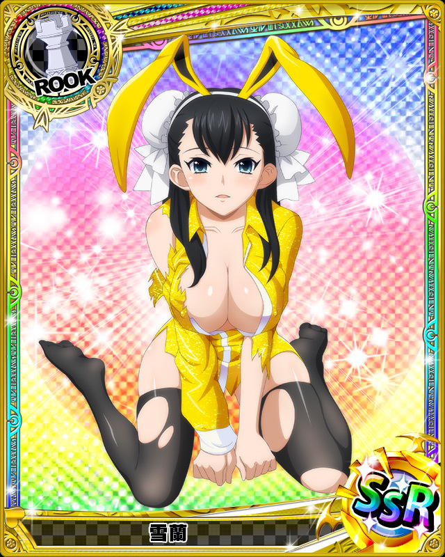 1girl animal_ears artist_request black_eyes black_hair black_legwear breasts bun_cover card_(medium) character_name chess_piece cleavage double_bun high_school_dxd large_breasts official_art rabbit_ears rook_(chess) solo thigh-highs torn_clothes torn_thighhighs trading_card xuelan