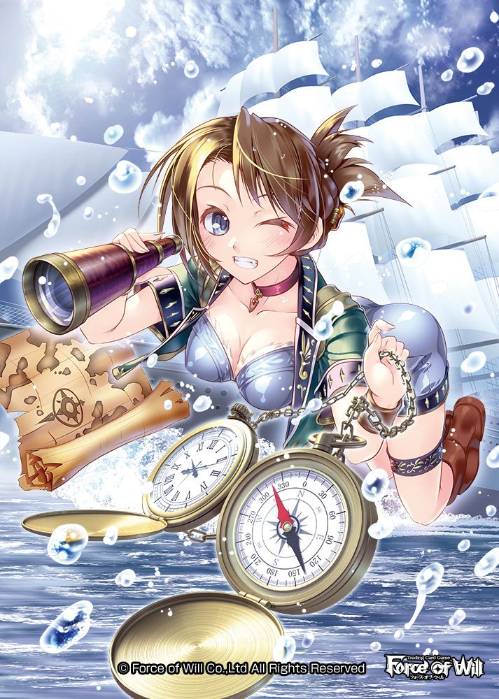 1girl blue_hair blush breasts brown_hair cleavage clouds compass copyright_name day force_of_will jewelry long_hair map necklace official_art one_eye_closed ponytail ship sky solo spyglass teeth watercraft