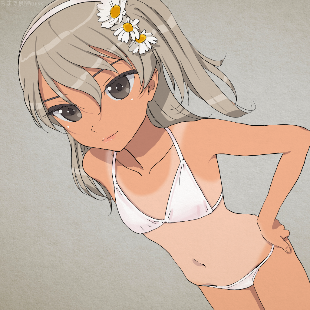 1girl bikini brown_eyes chimaki_(u9works) closed_mouth collarbone cowboy_shot flat_chest flower from_above girls_und_panzer hair_flower hair_ornament hairband hand_on_hip light_brown_hair lips long_hair navel one-piece_tan one_side_up shimada_arisu simple_background smile solo swimsuit tan tanline texture white_bikini