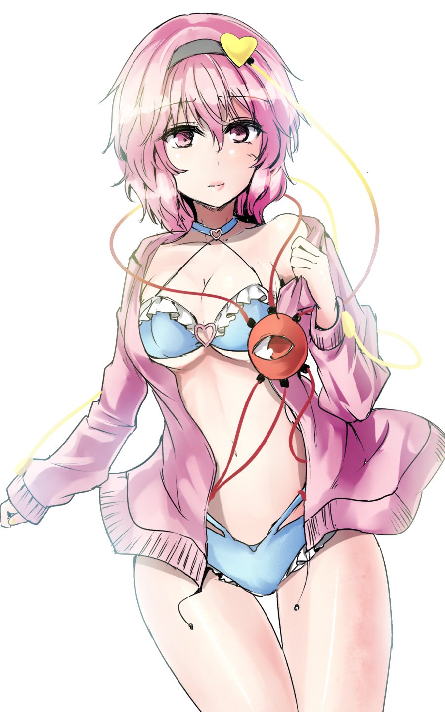 1girl alternate_costume bangs bikini blue_bikini breasts cleavage closed_mouth cowboy_shot eyeball hairband heart highres hood hoodie komeiji_satori long_sleeves looking_at_viewer medium_breasts navel open_clothes open_hoodie pink_eyes pink_hair short_hair solo stomach swimsuit thigh_gap third_eye touhou y2