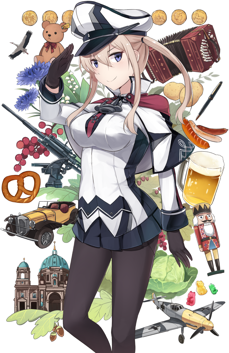 &gt;:) 10s 1girl accordion aircraft airplane alcohol beer beer_mug bf_109 bird black_gloves black_legwear black_skirt blonde_hair blue_eyes cabbage cannon capelet car church coin flower food gloves graf_zeppelin_(kantai_collection) ground_vehicle gummy_bear hair_between_eyes hat highres ido_(teketeke) impossible_clothes instrument kantai_collection long_hair long_sleeves looking_at_viewer military military_uniform motor_vehicle nutcracker pantyhose peaked_cap pleated_skirt potato pretzel sausage sidelocks skirt smile solo stuffed_animal stuffed_toy teddy_bear twintails uniform white_background