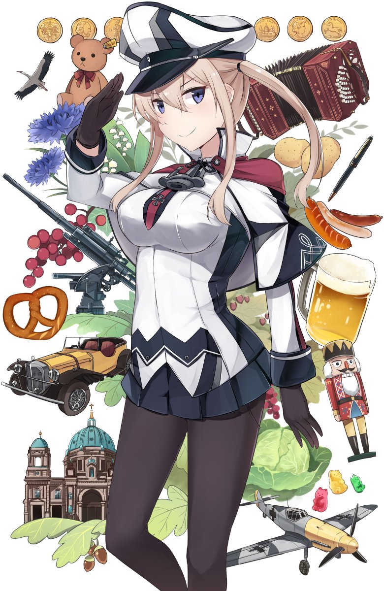 &gt;:) 10s 1girl aircraft airplane bird black_gloves black_legwear black_skirt blonde_hair blue_eyes capelet car coin gloves graf_zeppelin_(kantai_collection) ground_vehicle hair_between_eyes hat highres ido_(teketeke) kantai_collection long_hair long_sleeves military military_uniform motor_vehicle pantyhose peaked_cap pleated_skirt sidelocks skirt smile solo stuffed_animal stuffed_toy teddy_bear twintails uniform white_background