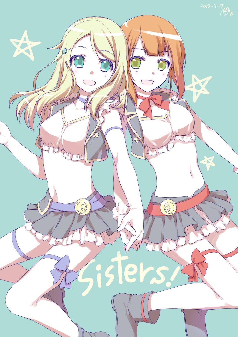 2girls :d alpha_(yukai_na_nakamatachi) ayase_arisa blonde_hair boots bow brown_hair choker commentary_request dated elbow_gloves english frills gloves green_background green_eyes hair_ornament hairclip hand_holding highres jpeg_artifacts kousaka_yukiho love_live! love_live!_school_idol_project multiple_girls navel no_brand_girls open_mouth pentagram purple_bow red_bow ribbon_choker short_hair simple_background smile thigh_bow