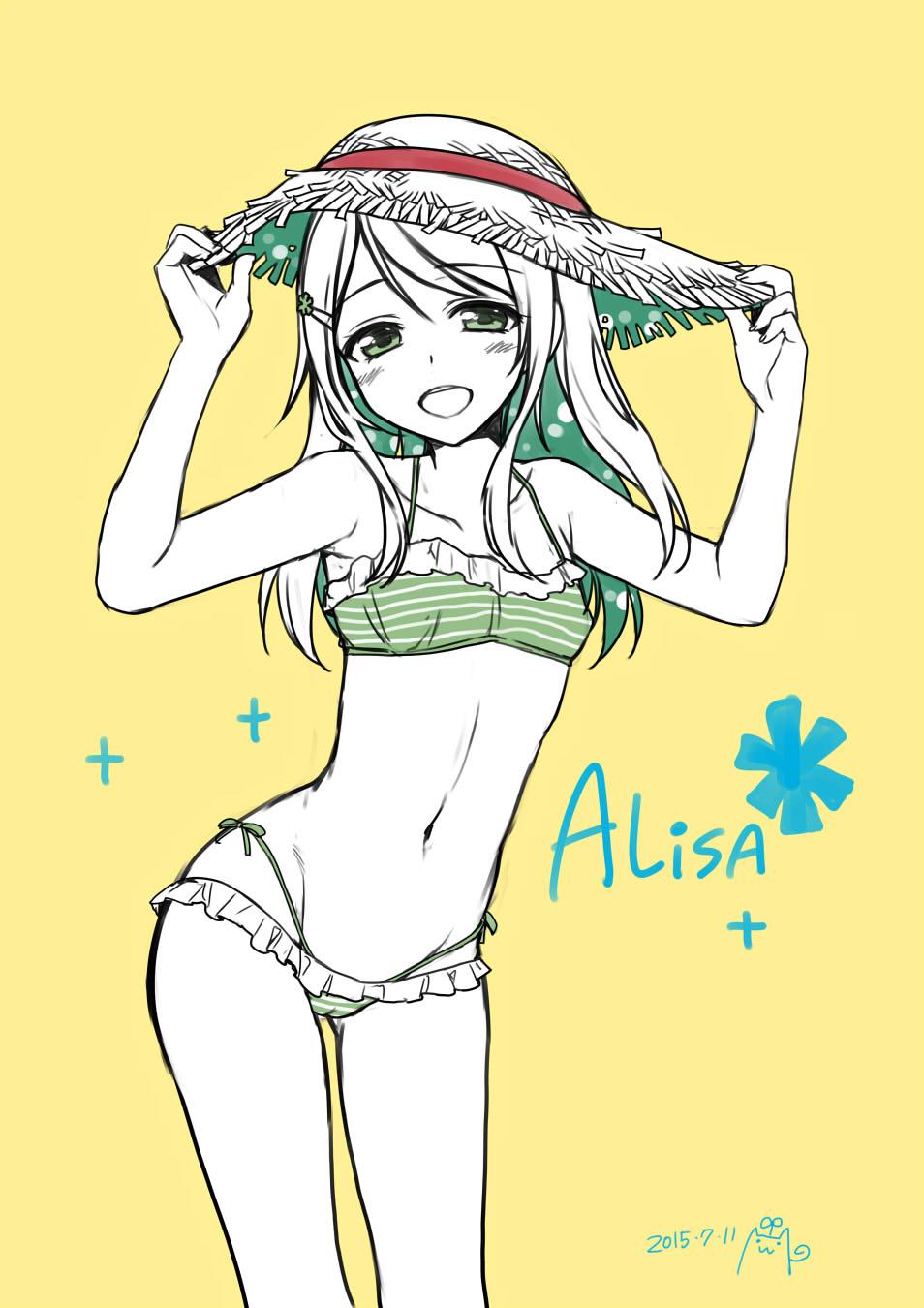 1girl :d alpha_(yukai_na_nakamatachi) ayase_arisa bikini blush character_name commentary_request dated frilled_bikini frills green_bikini hair_ornament hairclip hands_on_headwear hat highres jpeg_artifacts love_live! love_live!_school_idol_project open_mouth partially_colored smile solo straw_hat striped striped_bikini swimsuit yellow_background