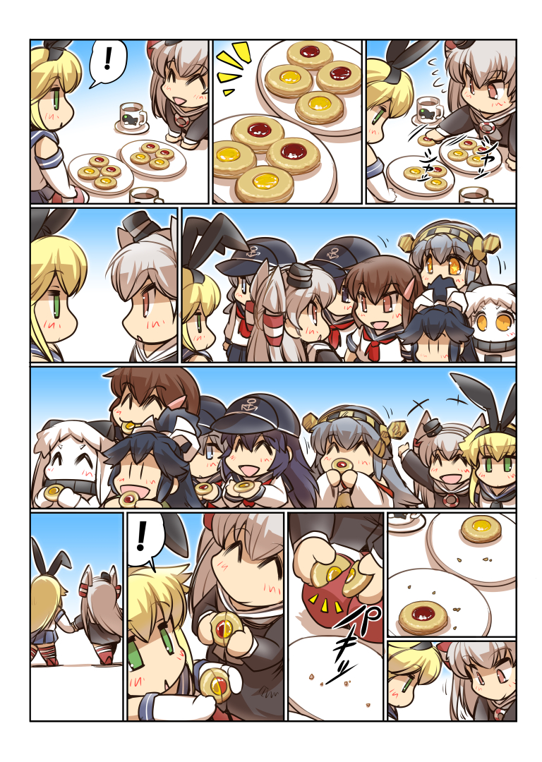 +++ 6+girls :3 akatsuki_(kantai_collection) amatsukaze_(kantai_collection) anchor_symbol animal_ears black_hair blonde_hair blue_eyes closed_eyes collar comic cookie cup dress eating elbow_gloves fake_animal_ears flat_cap flying_sweatdrops food food_in_mouth gloves gradient gradient_background green_eyes grey_hair hair_ornament hair_ribbon hair_tubes hairband hairclip hand_holding hands_on_lap haruna_(kantai_collection) hat headgear hibiki_(kantai_collection) holding holding_food horns i-class_destroyer ikazuchi_(kantai_collection) kantai_collection katsuragi_(kantai_collection) kneeling long_hair long_sleeves mini_hat multiple_girls neckerchief northern_ocean_hime open_mouth plate pleated_skirt ponytail rabbit_ears ribbon school_uniform serafuku sharing_food shimakaze_(kantai_collection) shinkaisei-kan short_hair short_sleeves sidelocks skirt sleeveless sleeveless_dress smile star star-shaped_pupils striped striped_legwear surprised symbol-shaped_pupils translation_request triangle_mouth twintails waving white_hair