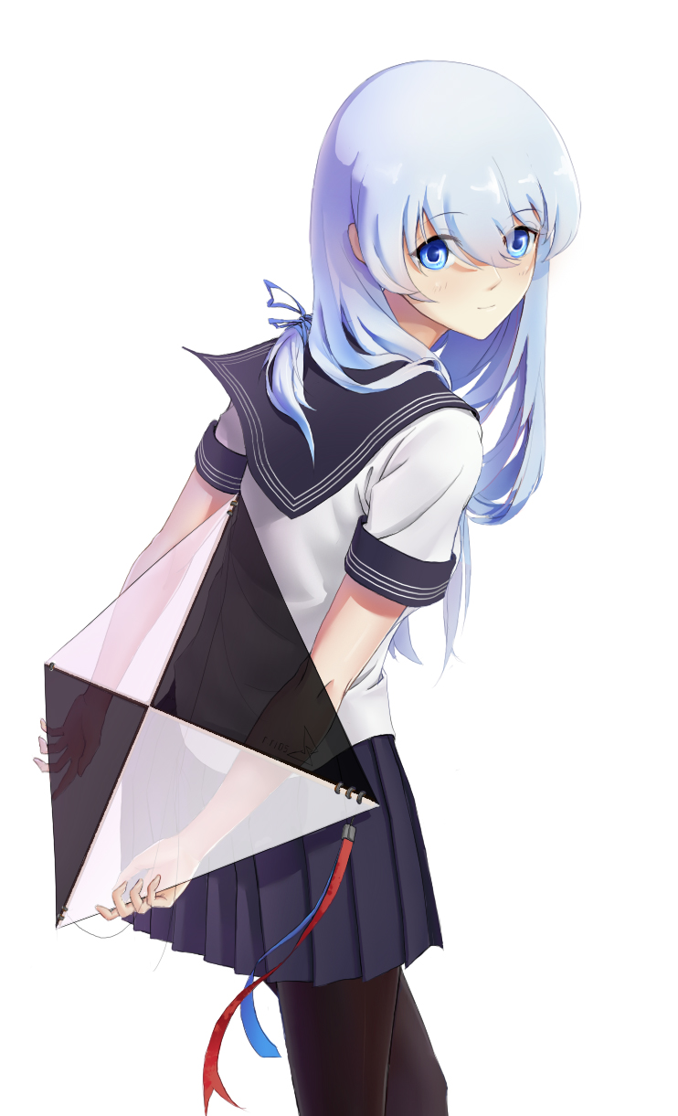 1girl alternate_costume arms_behind_back black_legwear blue_eyes blue_hair blue_skirt closed_mouth eyebrows_visible_through_hair from_side guam_(zhan_jian_shao_nyu) hair_between_eyes hair_ornament highres holding holding_kite kite light_smile long_hair looking_away looking_to_the_side out_of_character pantyhose pleated_skirt school_uniform serafuku shirt short_sleeves skirt solo standing tied_hair turning_head two-handed white_background white_shirt yilei zhan_jian_shao_nyu