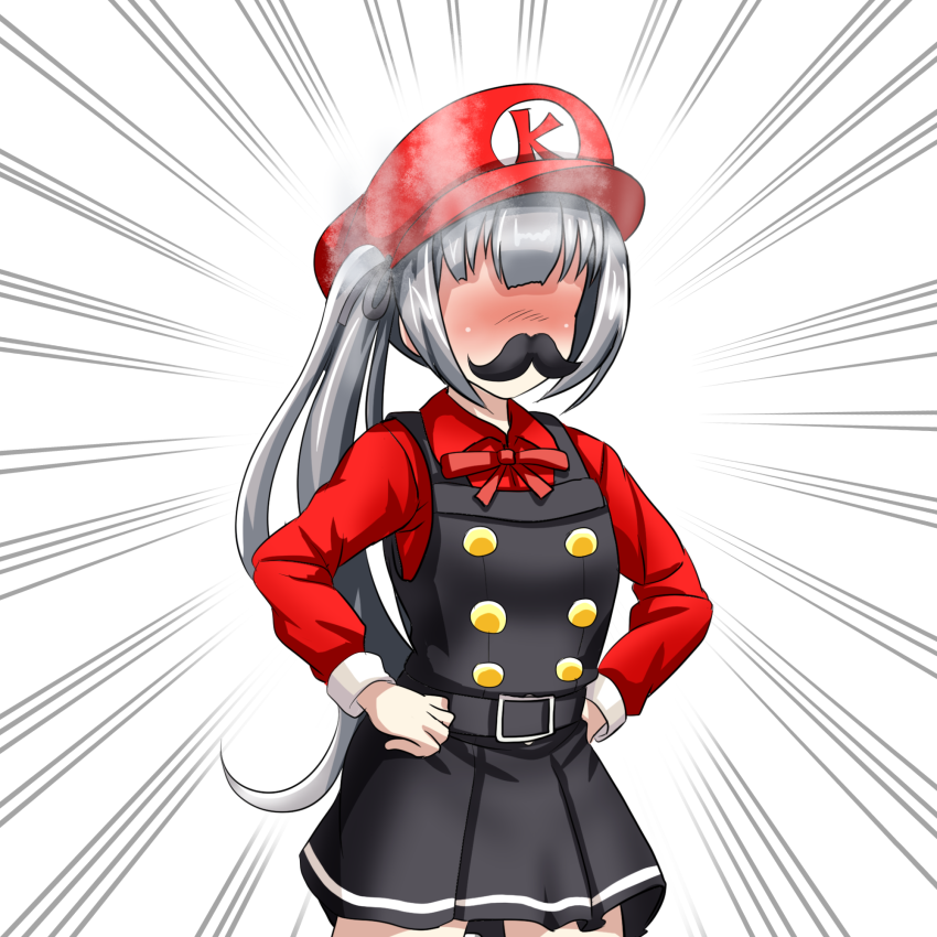 1girl alternate_costume belt blush collared_shirt cosplay double-breasted dress embarrassed emphasis_lines fake_mustache hair_ribbon hands_on_hips hat kantai_collection kasumi_(kantai_collection) long_hair long_sleeves mario mario_(cosplay) super_mario_bros. no_eyes pinafore_dress red_ribbon red_shirt remodel_(kantai_collection) ribbon shirt side_ponytail silver_hair simple_background solo steaming_body super_mario_bros. tk8d32