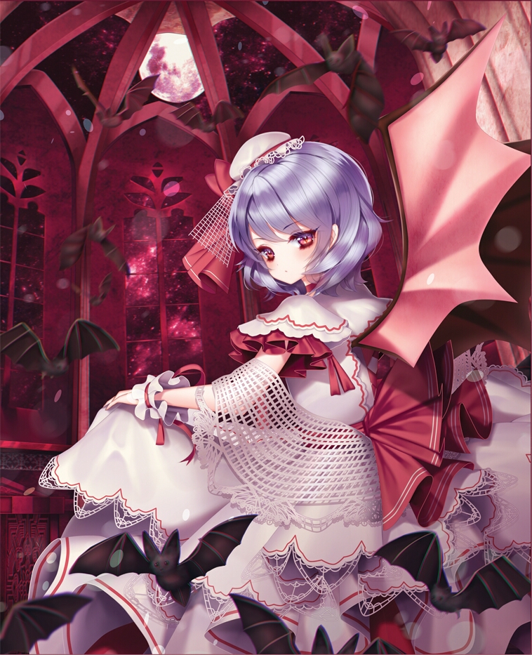 1girl adapted_costume bangs bat bat_wings choker commentary_request dress expressionless eyebrows_visible_through_hair frills from_side full_moon hat hat_ribbon indoors lace layered_dress looking_at_viewer looking_back mini_hat mob_cap moon nigh_sky purple_hair radge red_eyes red_ribbon remilia_scarlet ribbon scarlet_devil_mansion shawl shiny shiny_hair short_hair short_sleeves skirt_hold solo touhou white_dress window wings wrist_cuffs