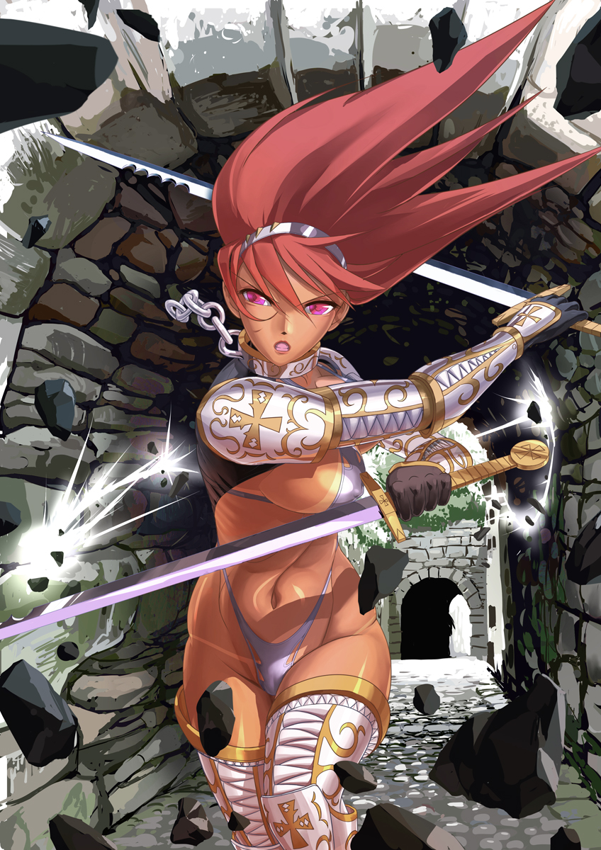 1girl arch armor bikini_armor boots breasts chains clenched_teeth collar cowboy_shot dual_wielding gauntlets hairband highres kondosan large_breasts looking_at_viewer navel original pink_eyes redhead running sideboob solo spaulders tan tanline teeth thigh-highs thigh_boots