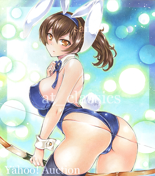 10s 1girl animal_ears artist_name ass at_classics bangs bare_shoulders black_legwear blue_ribbon blush bow_(weapon) breasts brown_eyes brown_hair bunnysuit closed_mouth cowboy_shot detached_sleeves eyebrows_visible_through_hair hair_between_eyes holding holding_weapon kaga_(kantai_collection) kantai_collection large_breasts looking_at_viewer neck_ribbon rabbit_ears ribbon sample side_ponytail solo thigh-highs traditional_media watermark weapon wrist_cuffs
