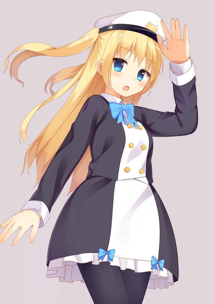 1girl :o arm_up bangs black_legwear black_shirt black_skirt blonde_hair blue_bow blue_bowtie blue_eyes blush bow bowtie breasts cowboy_shot eyebrows_visible_through_hair grey_background hat long_hair long_sleeves looking_at_viewer looking_to_the_side multicolored multicolored_clothes multicolored_shirt multicolored_skirt open_mouth original pantyhose peaked_cap salute shirt sidelocks simple_background skirt skirt_set small_breasts solo standing tareme two_side_up usagino_suzu white_hat white_shirt white_skirt