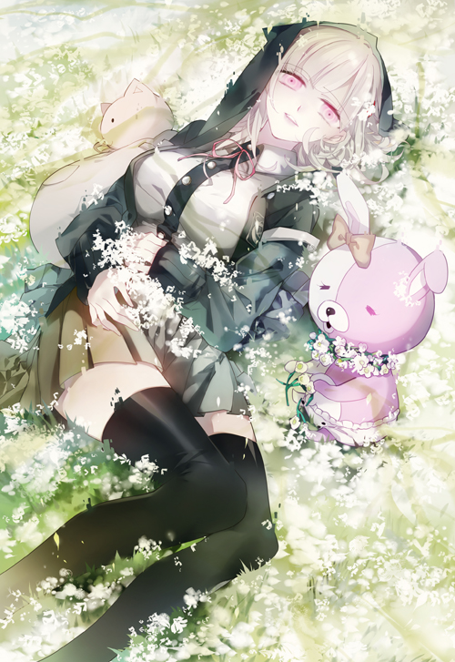 1girl ayu_(auko2010) black_legwear black_sweater breasts brown_skirt dangan_ronpa day eyebrows_visible_through_hair field flower flower_field hood hooded_sweater large_breasts long_hair looking_at_viewer lying miniskirt nanami_chiaki neck_ribbon on_back outdoors parted_lips pink_eyes pink_ribbon pleated_skirt ribbon shirt silver_hair skirt smile solo super_dangan_ronpa_2 sweater thigh-highs white_flower white_shirt zettai_ryouiki