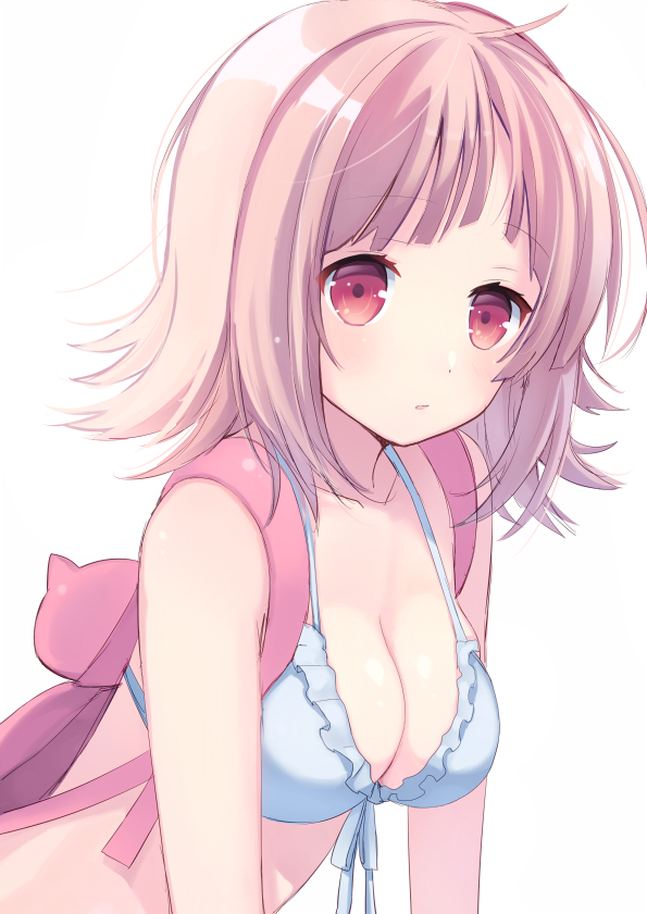 1girl blue_bikini_top breasts cleavage collarbone dangan_ronpa eyebrows_visible_through_hair front-tie_top light_brown_hair looking_at_viewer medium_breasts nanami_chiaki parted_lips red_eyes simple_background solo super_dangan_ronpa_2 white_background