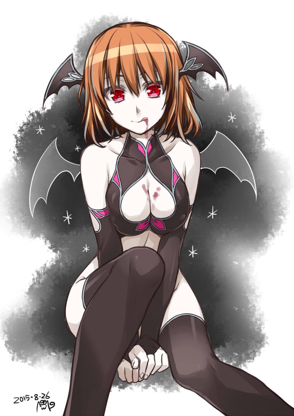 1girl :q alpha_(yukai_na_nakamatachi) bare_shoulders bat_wings between_legs black_gloves black_legwear blood breasts bridal_gauntlets cleavage collarbone commentary_request convenient_leg dated demon_girl elbow_gloves gloves hand_between_legs head_wings highres jpeg_artifacts licking_lips medium_breasts original pale_skin red_eyes redhead solo succubus tongue tongue_out wings