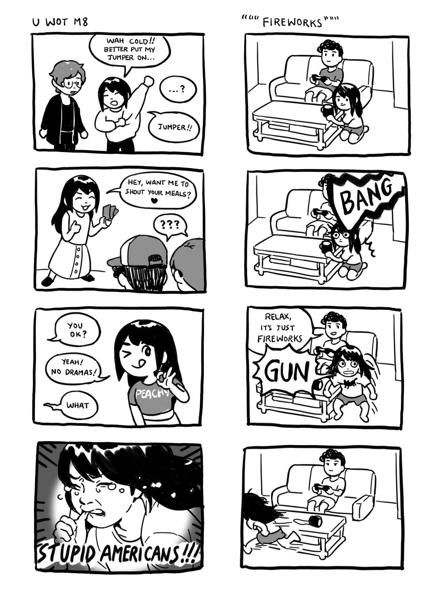 1girl 4boys 4koma artist_self-insert baseball_cap biting black_hair clothes_writing comic controller couch cup curly_hair english frustrated game_controller glasses greyscale hat highres monochrome mug multiple_boys ok_sign original shirt shorts spilled t-shirt table tears thumb_biting ticket truth viibean