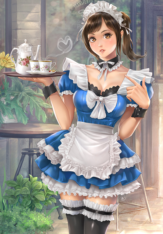1girl arms_up black_legwear blue_dress bow breasts brown_eyes brown_hair collar cup day detached_collar dress eyelashes frilled_collar frills heart_steam holding holding_tray john_law_bc layered_dress leaf leg_garter legs_together looking_at_viewer maid_headdress medium_breasts miyamoto_hikari outdoors parted_lips pointing pointing_at_self ponytail puffy_short_sleeves puffy_sleeves ribbon saucer short_sleeves solo standing summer_lesson sunlight table tea teacup teapot thigh-highs tray white_bow white_ribbon yellow_flower