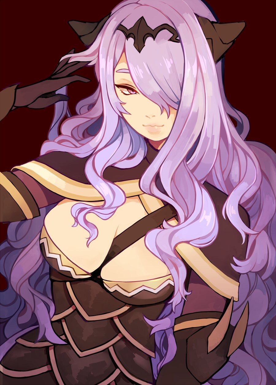 1girl armor black_background breasts camilla_(fire_emblem_if) curly_hair fire_emblem fire_emblem_if gloves hair_over_one_eye highres large_breasts long_hair looking_at_viewer purple_hair simple_background smile solo