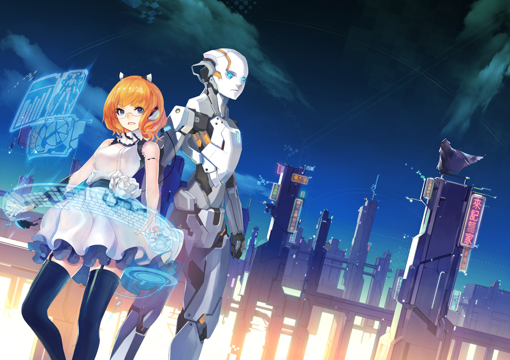 1girl animal_ears blue_eyes building city cityscape earphones fake_animal_ears glasses glowing glowing_eyes keyboard mecha night orange_hair original pump_(pumpqmuq) robot scenery short_hair sky skyscraper