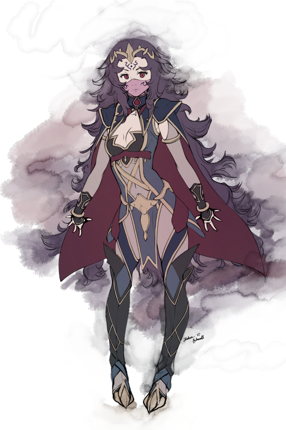 1girl armor black_hair cape cleavage_cutout fingerless_gloves fire_emblem fire_emblem_if full_body gloves greaves highres nyx_(fire_emblem_if) red_eyes simple_background solo tattoo veil white_background