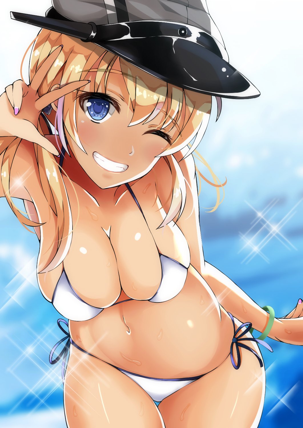 1girl bangs bikini blonde_hair blue_eyes blush breasts cleavage collarbone grin hat highres kantai_collection leaning_forward long_hair looking_at_viewer medium_breasts nail_polish navel one_eye_closed peaked_cap prinz_eugen_(kantai_collection) purple_nails side-tie_bikini skindentation smile solo swimsuit tan twintails twisted_torso v white_bikini wristband youkan_(mattya_youkan)