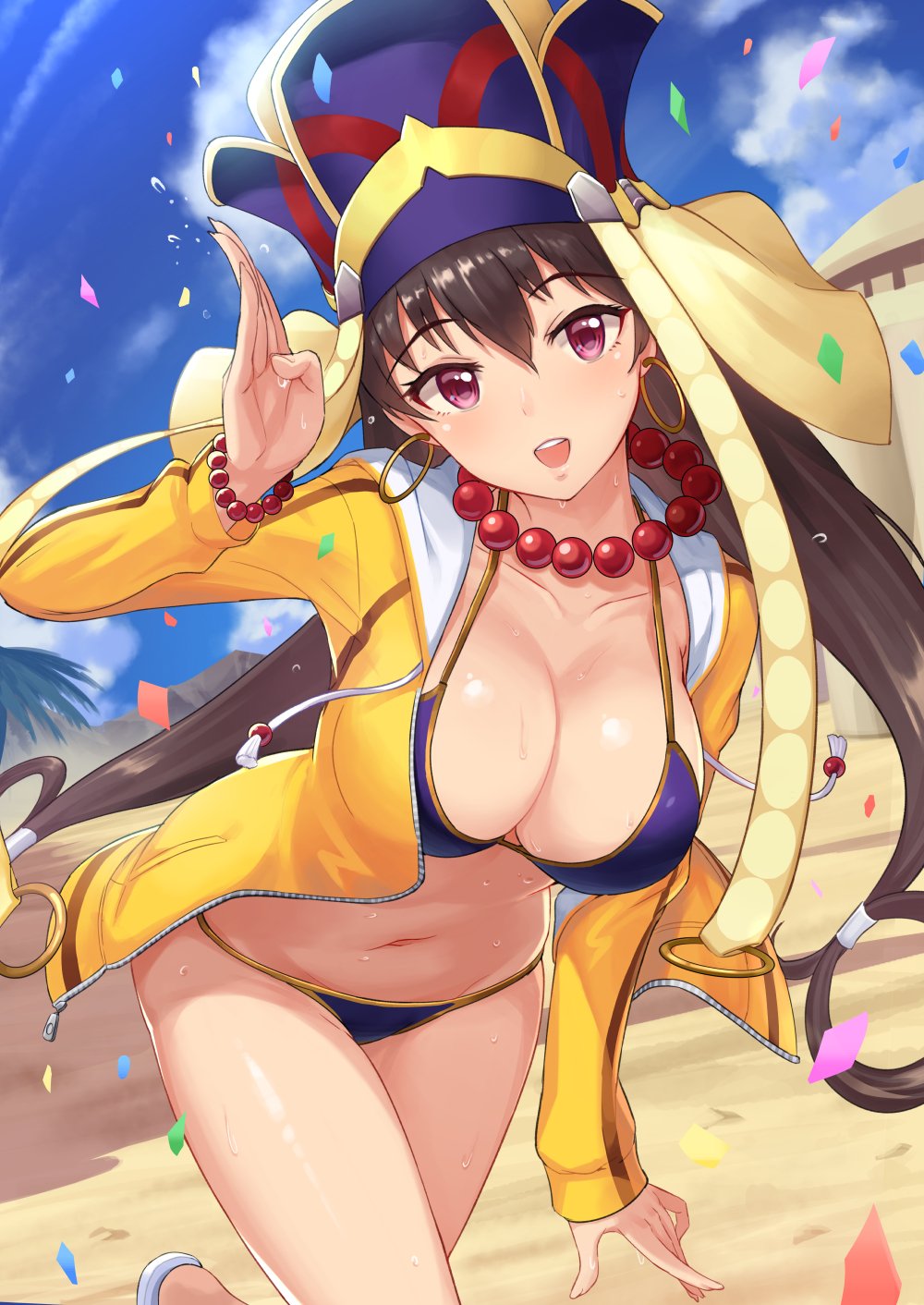 1girl bead_bracelet beads bikini blue_bikini blue_sky blush bracelet breasts brown_hair cleavage collarbone commentary_request confetti day earrings fate/grand_order fate_(series) hat headdress highres hips hood hoodie hoop_earrings jacket jewelry large_breasts long_hair looking_at_viewer navel open_clothes open_jacket open_mouth outdoors prayer_beads shiny shiny_skin sky smile solo sweat swimsuit tamakaga thighs violet_eyes waist xuanzang_(fate/grand_order) yellow_jacket
