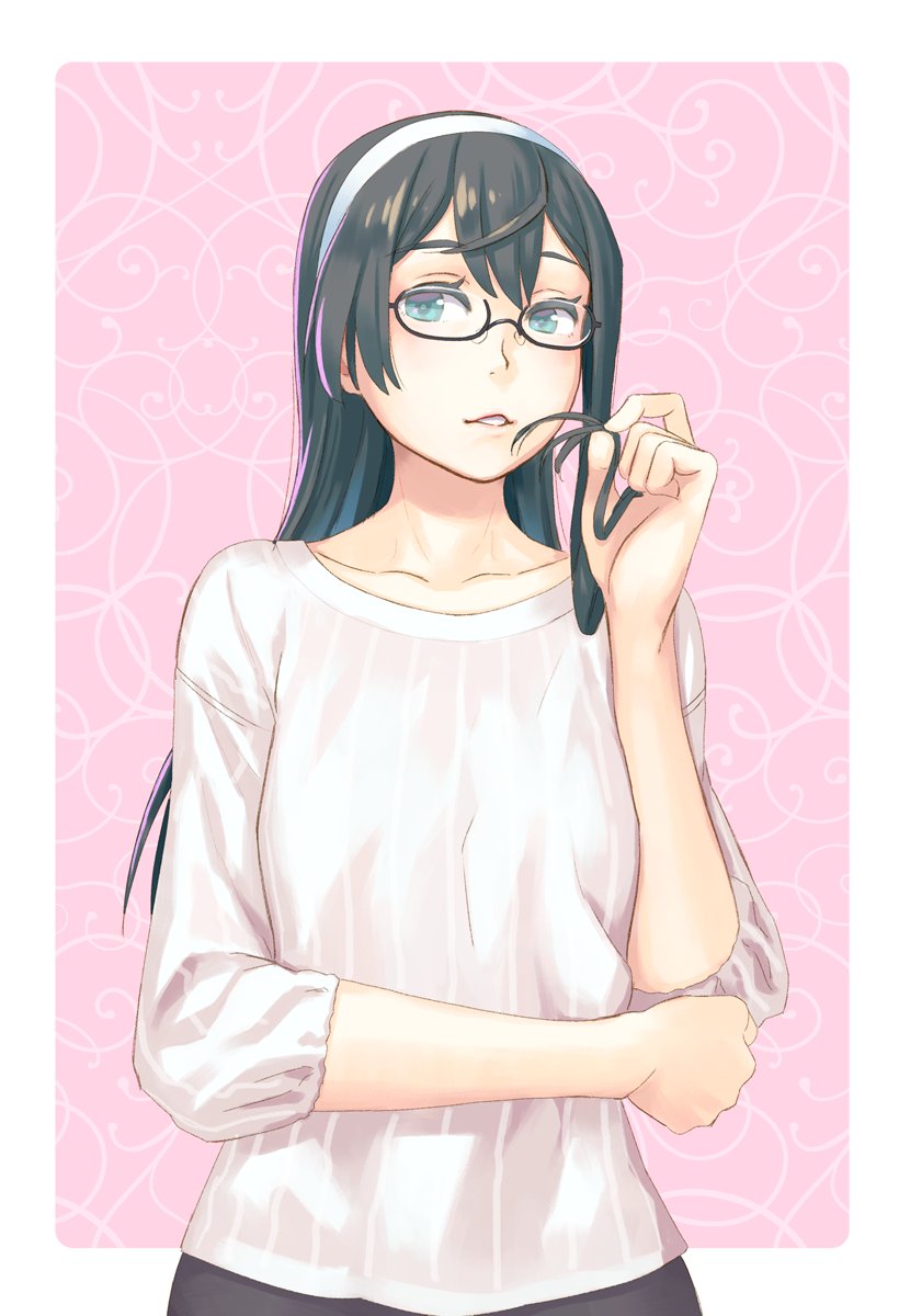 1girl alternate_costume black-framed_eyewear black_hair blouse blue_eyes casual collarbone glasses hairband highres long_hair looking_at_viewer ooyodo_(kantai_collection) parted_lips semi-rimless_glasses solo touhou under-rim_glasses upper_body white_blouse yuuji_(and)