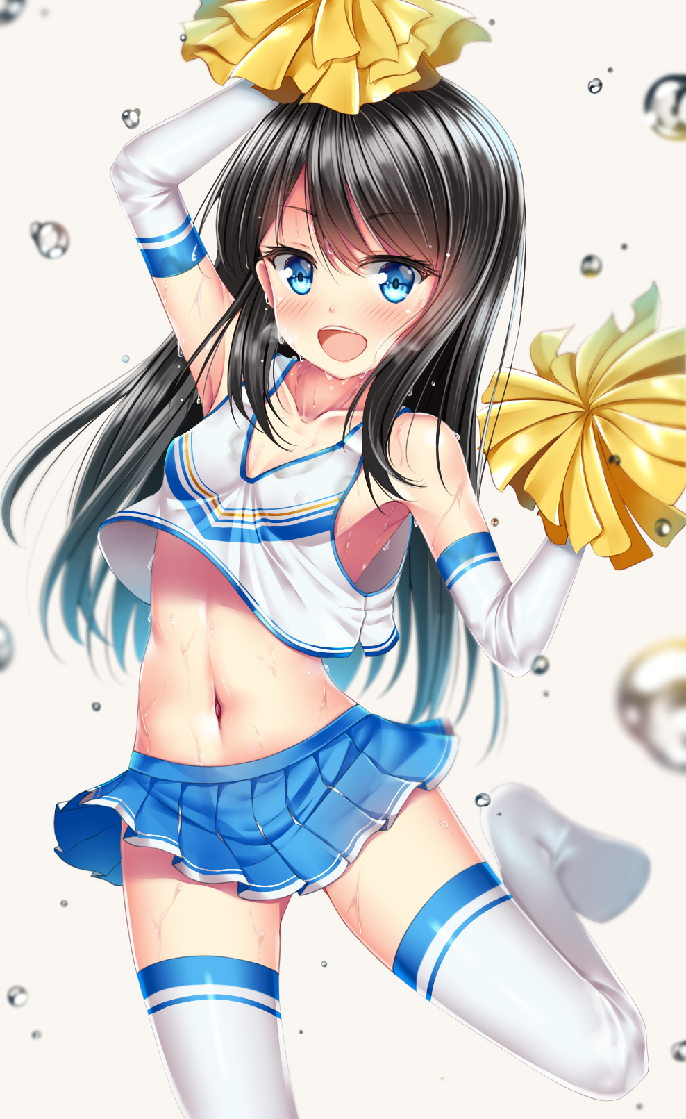 1girl :d alternate_costume armpits asashio_(kantai_collection) aumcry black_hair blue_eyes blue_skirt cheering cheerleader collarbone flying_sweatdrops highres kantai_collection long_hair navel open_mouth pleated_skirt skirt smile solo stomach sweat sweating sweating_profusely thigh-highs white_legwear