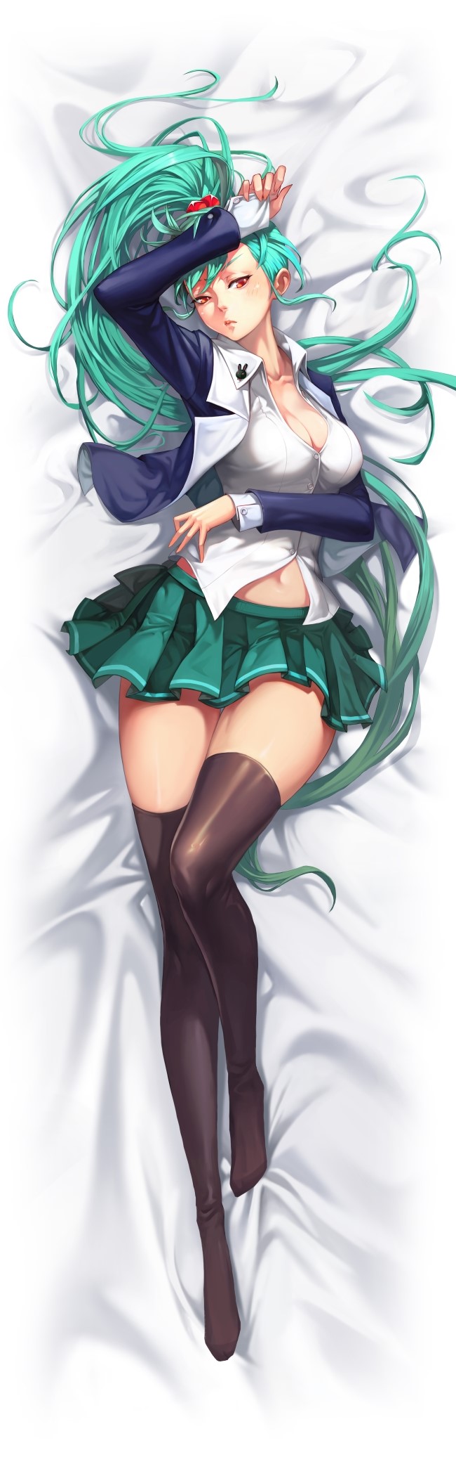 1girl arm_up bangs bed_sheet black_jacket blush breast_hold breasts brown_legwear choi_eun_suk cleavage closed_mouth collarbone collared_shirt dakimakura dress_shirt eclair_(kritika) fingernails from_above full_body gradient gradient_hair green_eyes green_skirt hair_cubes hair_ornament half-closed_eyes hand_on_own_head highres jacket kritika large_breasts long_fingernails long_hair long_sleeves looking_at_viewer lying miniskirt multicolored_hair navel no_bra on_back open_clothes open_jacket pleated_skirt red_eyes shirt side_ponytail skirt sleeves_past_wrists solo thigh-highs unbuttoned unbuttoned_shirt very_long_hair white_shirt zettai_ryouiki