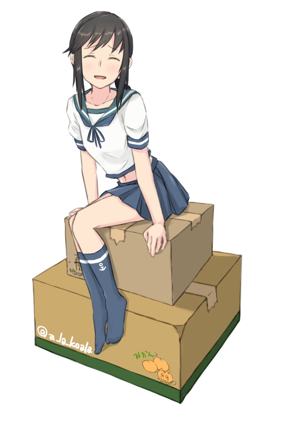 1girl alakoala_shoushou black_hair black_legwear blue_sailor_collar blue_skirt box closed_eyes fubuki_(kantai_collection) highres kantai_collection low_ponytail no_shoes pleated_skirt ponytail school_uniform serafuku short_ponytail sidelocks simple_background sitting skirt solo twitter_username white_background