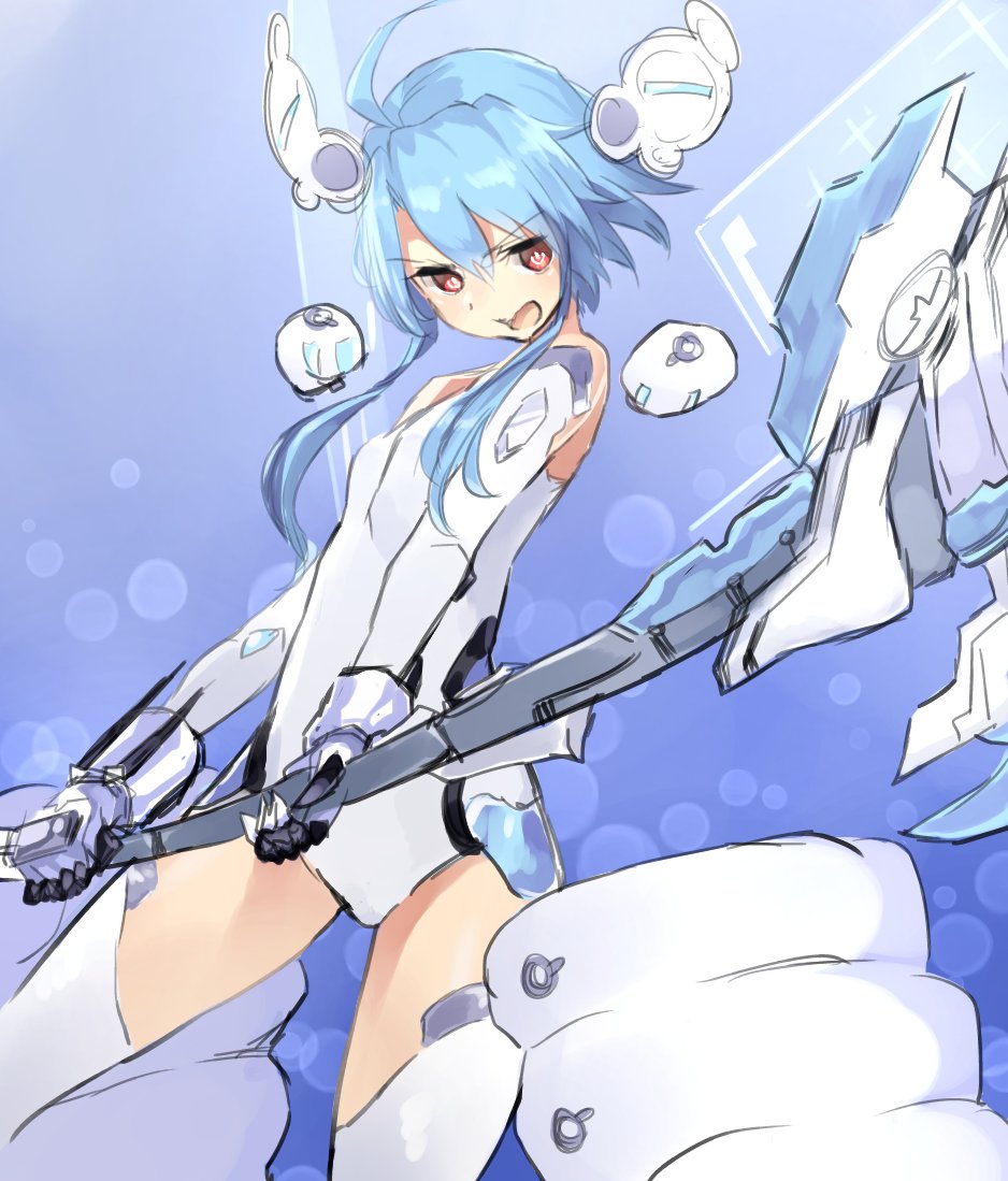 1girl ahoge axe battle_axe blancpig_yryr blue_hair gloves long_hair looking_at_viewer neptune_(series) open_mouth power_symbol red_eyes short_hair_with_long_locks solo symbol-shaped_pupils weapon white_heart