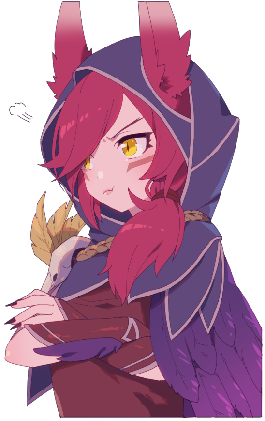 angry animal_ears bangs crossed_arms feathers hood league_of_legends looking_away nail_polish pink_hair pout purple_nails side_ponytail swept_bangs uso_(ameuzaki) violet_eyes whisker_markings xayah yellow_eyes