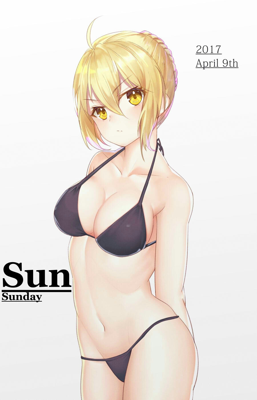 1girl 2017 ahoge arms_behind_back artoria_pendragon_(all) artoria_pendragon_(swimsuit_rider_alter)_(fate) bangs bare_arms bare_shoulders bikini black_bikini blonde_hair braid breasts cleavage closed_mouth collarbone contrapposto cowboy_shot dated ellenprince181 eyebrows_visible_through_hair eyelashes fate/grand_order fate/stay_night fate_(series) french_braid groin hair_between_eyes hair_bun halter_top halterneck highres legs_together looking_at_viewer medium_breasts midriff navel saber_alter short_hair sidelocks solo standing stomach strap_gap swimsuit yellow_eyes