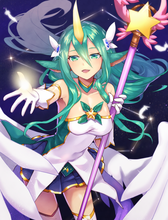 1girl angel_wings animal_ears armpits bare_shoulders breasts choker cowboy_shot feathers gloves green_eyes green_hair hair_ornament horn league_of_legends long_hair magical_girl night open_mouth pleated_skirt pointy_ears reaching_out riffey school_uniform serafuku skirt sky smile solo sparkle staff star star_(sky) star_guardian_soraka starry_sky strapless very_long_hair wings
