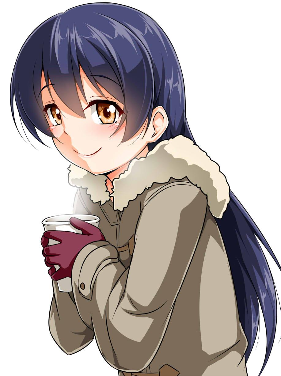 1girl bangs blue_hair brown_coat closed_mouth coat cup gloves highres holding holding_cup long_hair love_live! love_live!_school_idol_project simple_background smile solo sonoda_umi white_background winter_clothes winter_coat yellow_eyes yopparai_oni
